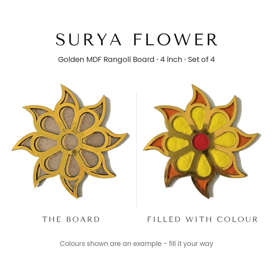 Surya Flower golden rangoli board before and after filling with colour - Divine Sansar