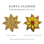 Surya Flower golden rangoli board before and after filling with colour - Divine Sansar