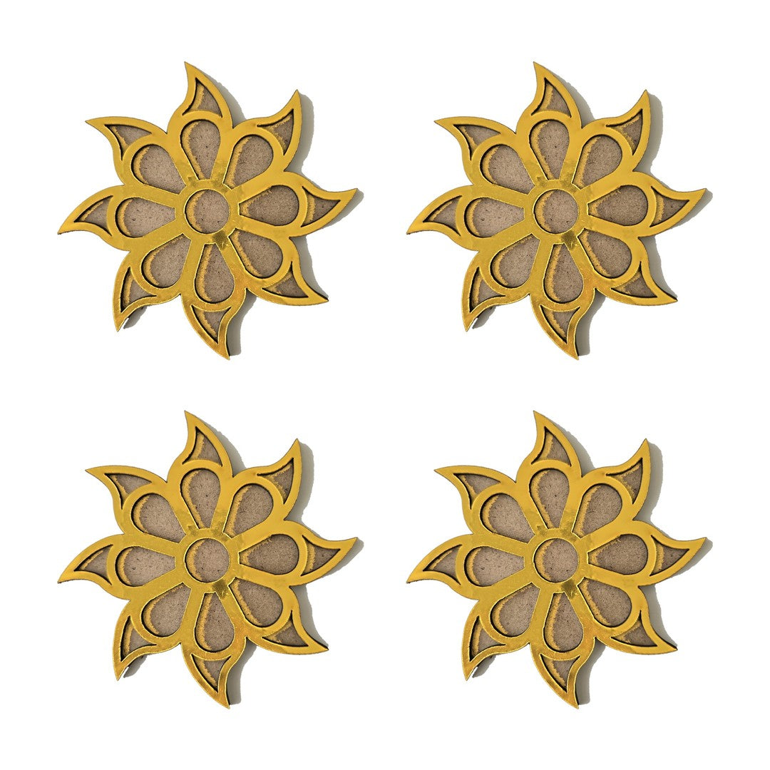 Set of 4 Surya Flower golden MDF rangoli pieces 4 inch - Divine Sansar