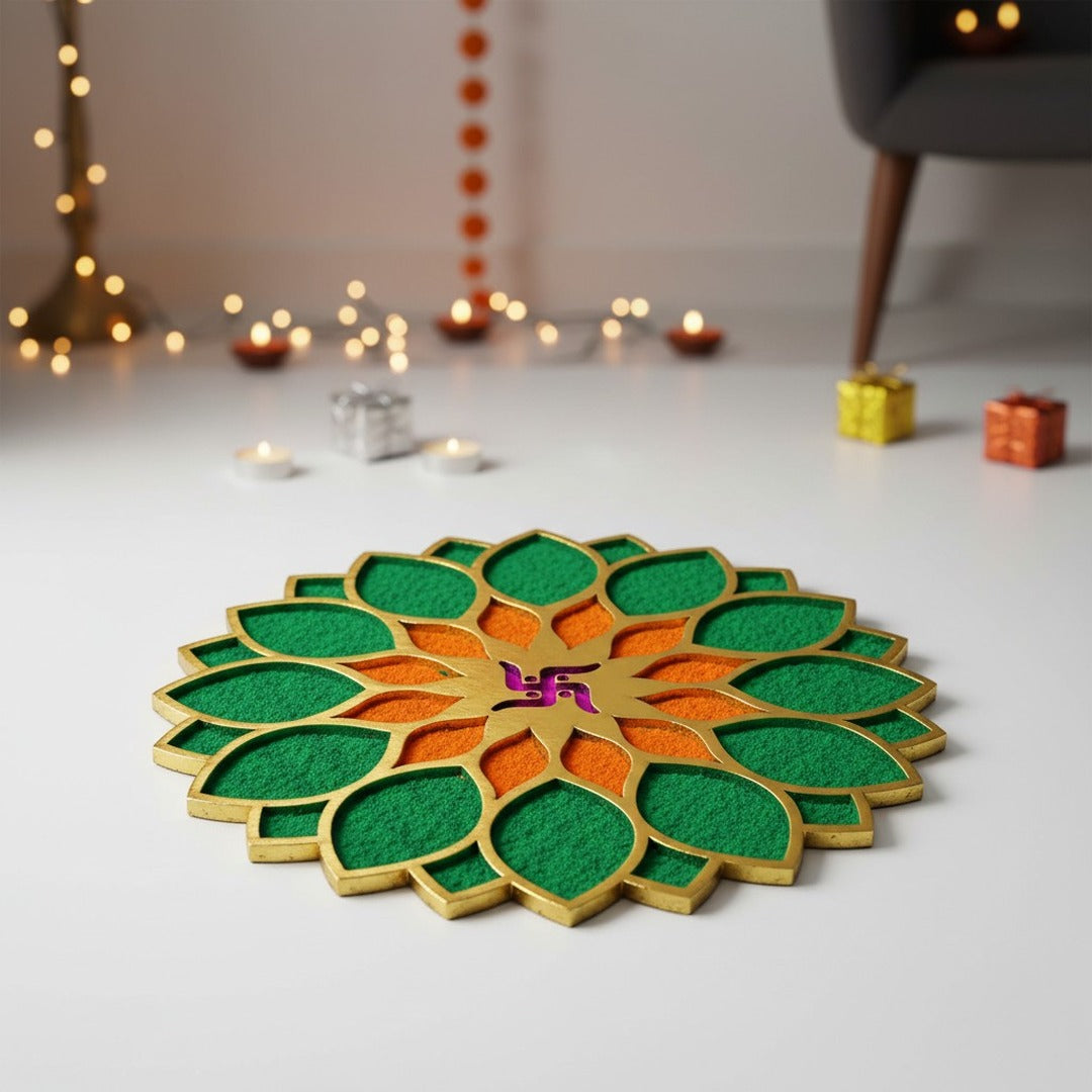 Swastik Samvatsar 12 inch golden rangoli board filled with colour in a Dubai home for Diwali - Divine Sansar