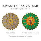 Swastik Samvatsar golden rangoli board before and after filling with colour - Divine Sansar