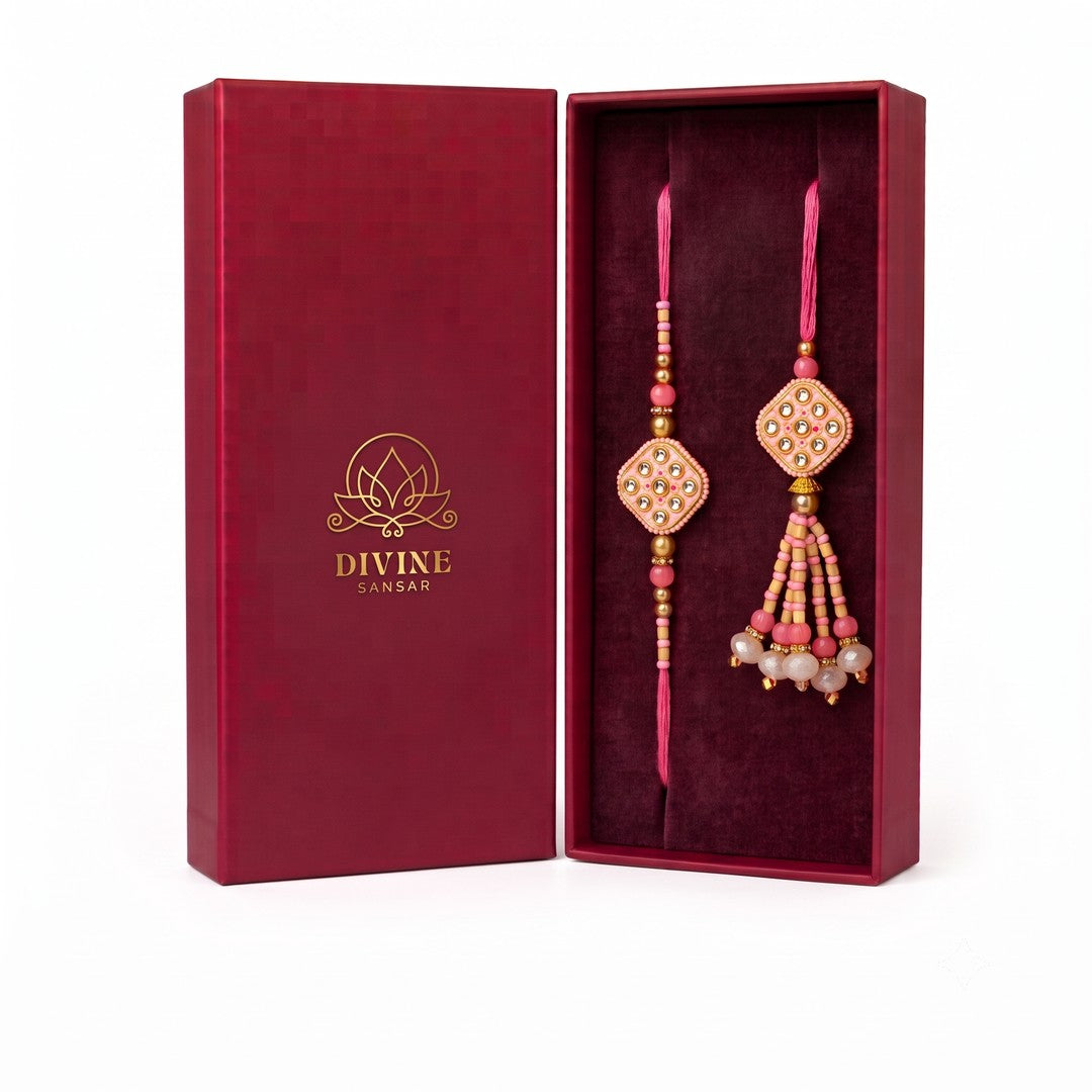 Gulabi Kundan Jodi pink meenakari bhaiya bhabhi rakhi set in Divine Sansar gift box
