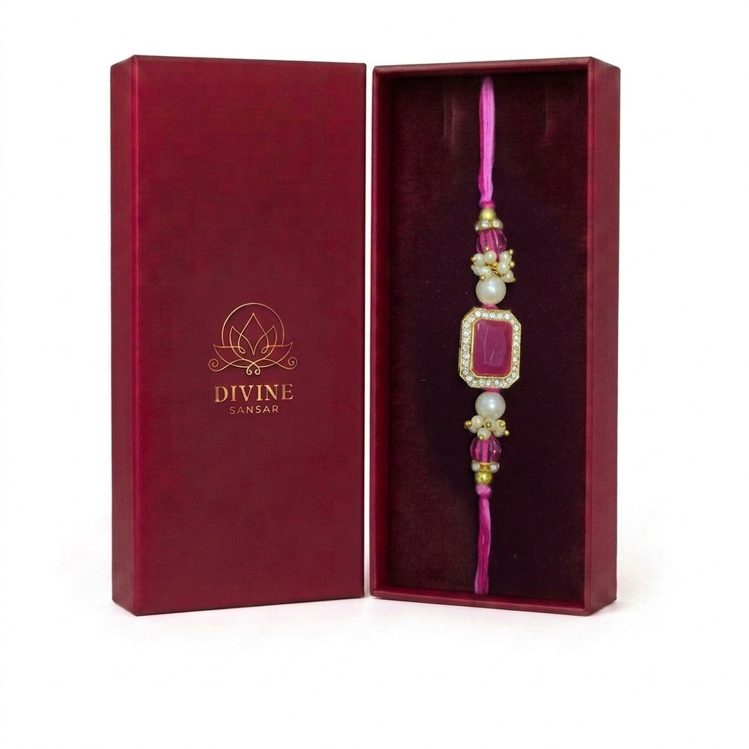 Gulabi Noor pink stone rakhi in Divine Sansar gift box