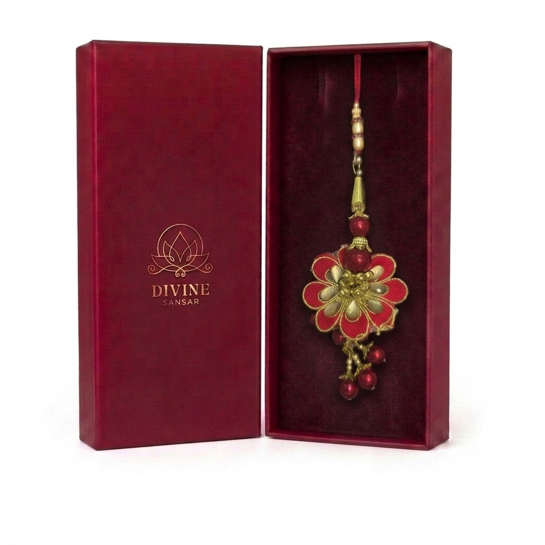 Gulnar red gota flower bhabhi lumba in Divine Sansar gift box