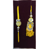 Yellow gota oxidised silver rakhi and lumba set close up Divine Sansar