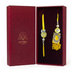 Haldi Chandi Jodi yellow oxidised silver bhaiya bhabhi rakhi set in Divine Sansar gift box