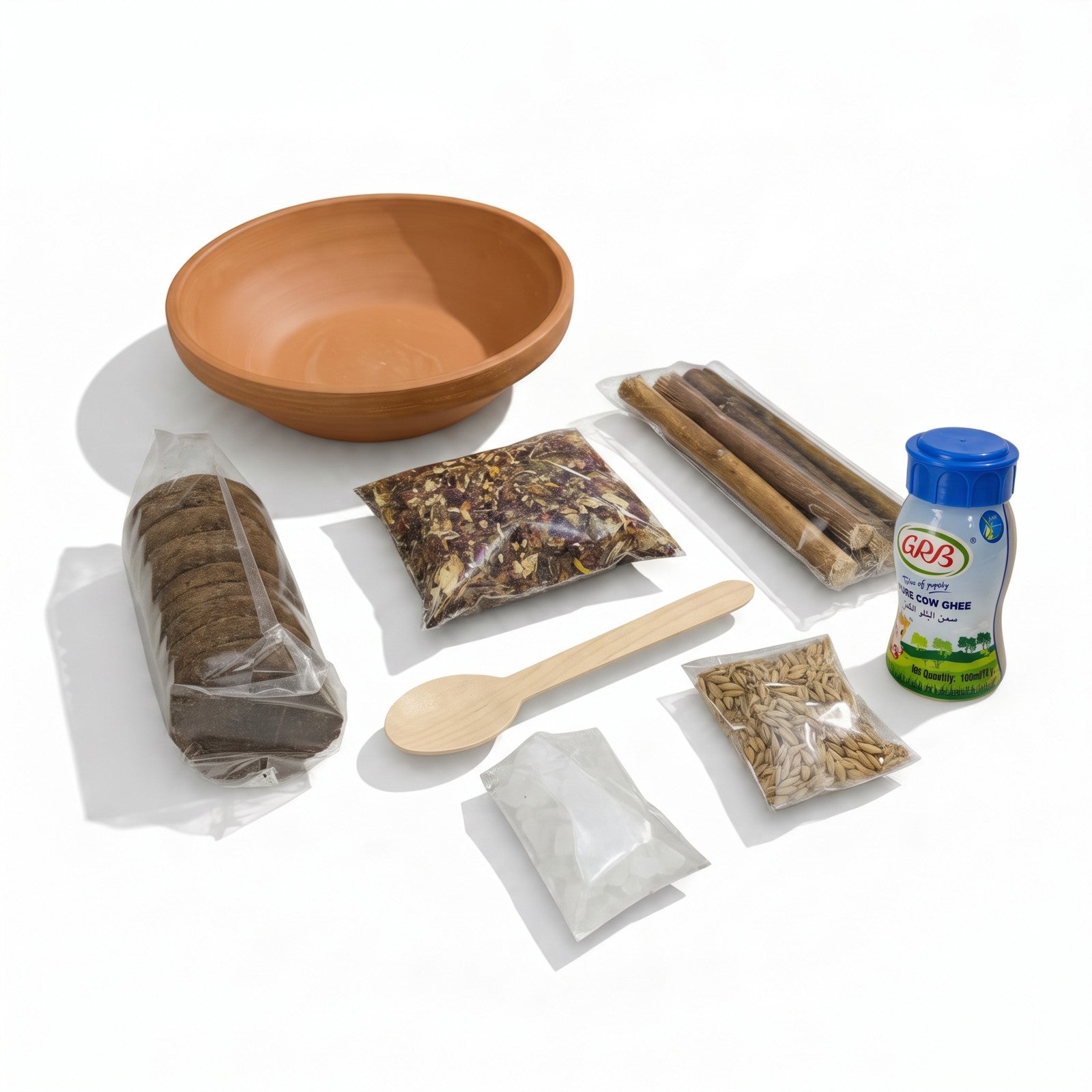 Complete Ashtami Navami havan kit - clay vedi, havan samagri, 100 ml cow ghee, samidha, kande, kapoor, jau and wooden spoon - Divine Sansar