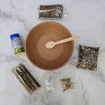 Ashtami Navami havan kit contents - clay vedi, havan samagri, cow ghee, samidha, kande, kapoor, jau and wooden spoon - Divine Sansar