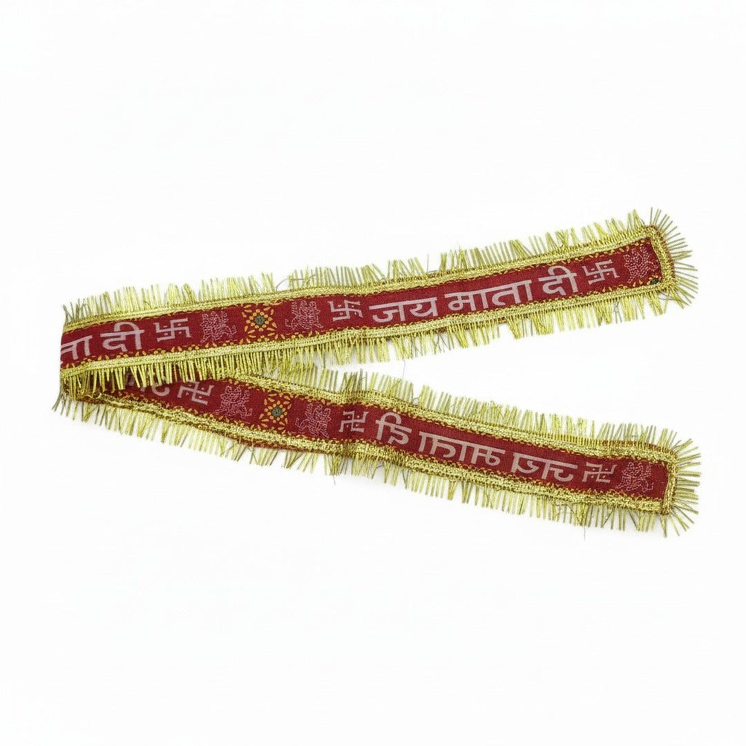 Jai Mata Di chunni headband folded to show tie length - Divine Sansar
