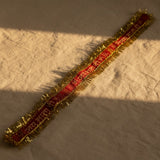 Golden tinsel fringe on red Jai Mata Di headband for Navratri - Divine Sansar