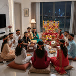 Family Jagrata at home in Dubai with matching Mata headbands - Divine Sansar