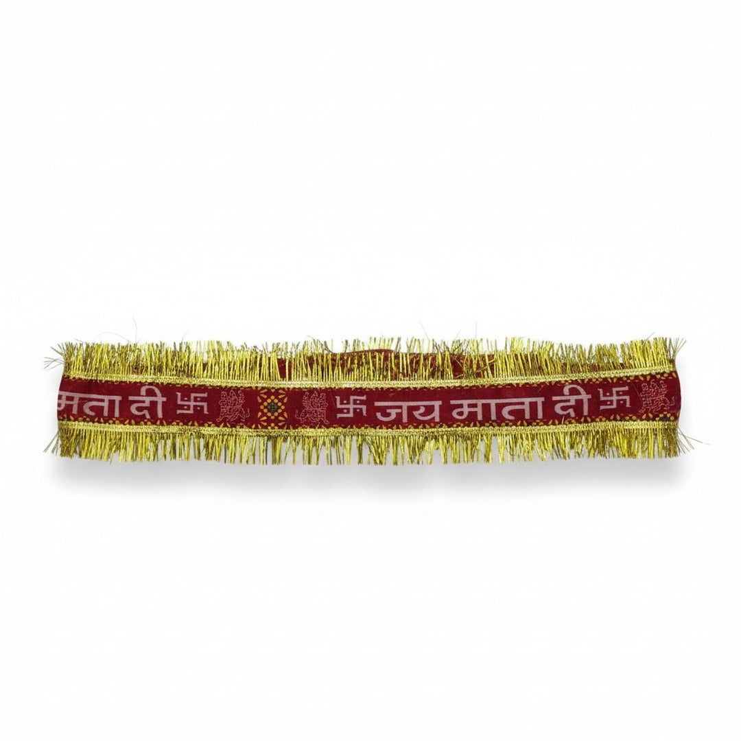 Close-up of Jai Mata Di print with swastik and Mata motifs on Jagrata headband - Divine Sansar