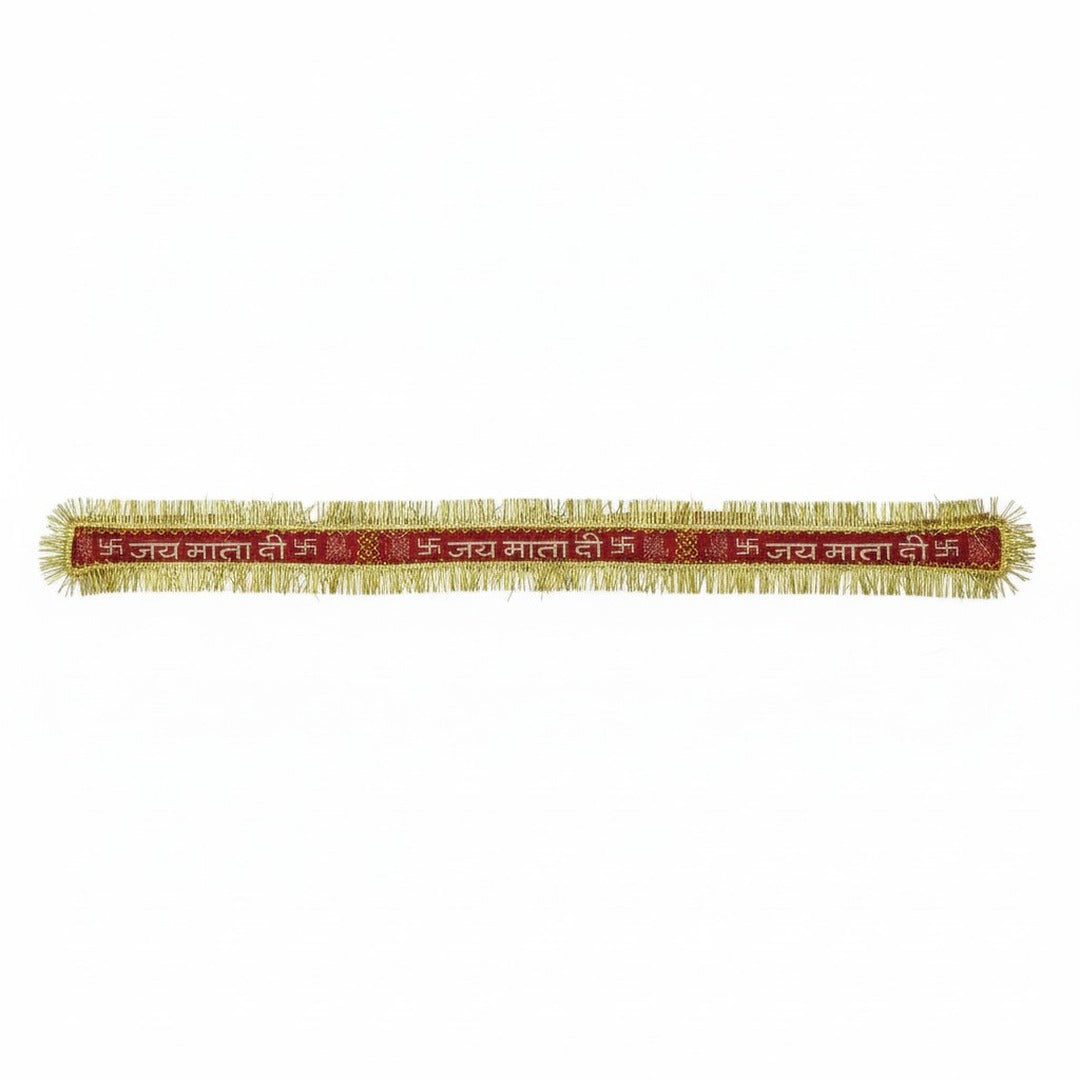 Single Jai Mata Di headband laid flat, 90 cm red band with golden fringe - Divine Sansar