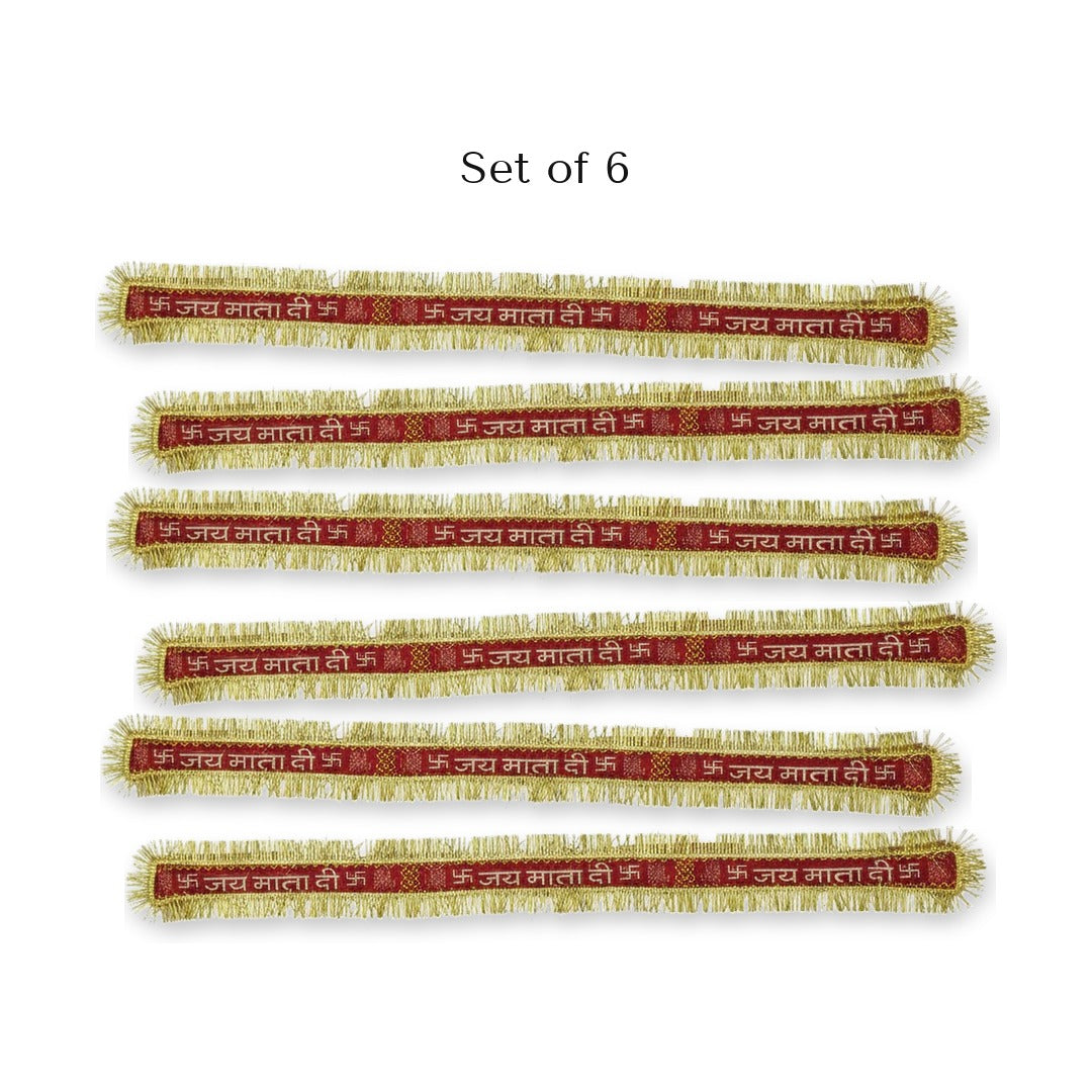 Set of 6 Jai Mata Di headbands for Jagrata, red with golden fringe - Divine Sansar