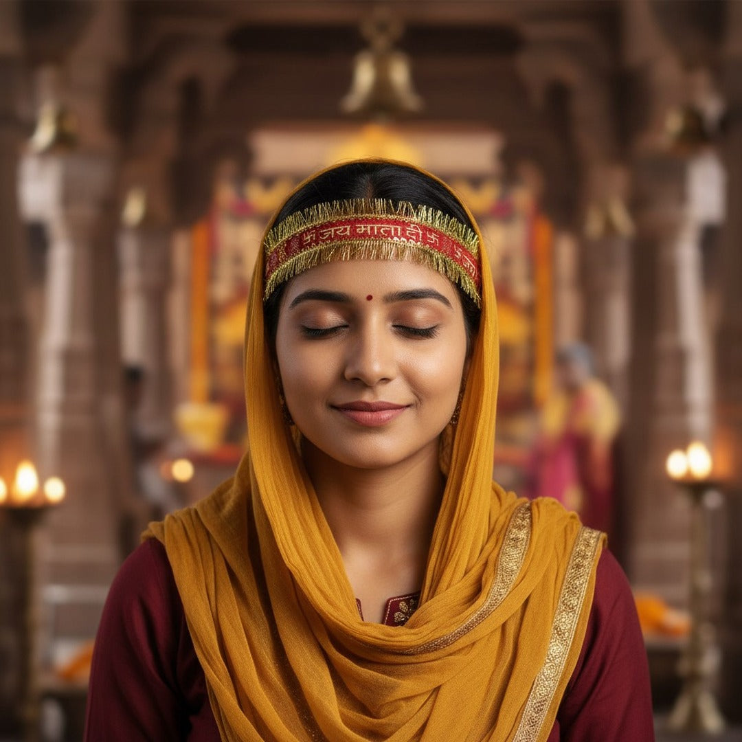 Devotee wearing Jai Mata Di headband at Mata Ki Chowki - Divine Sansar