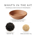 Jau sowing kit contents - terracotta clay tray 21cm, black soil 1kg and barley jau seeds 50g - Divine Sansar