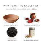 Jau sowing kit with clay kalash - clay tray, black soil 750g, jau 90g jar, decorated clay kalash with lid and 2 diyas - Divine Sansar