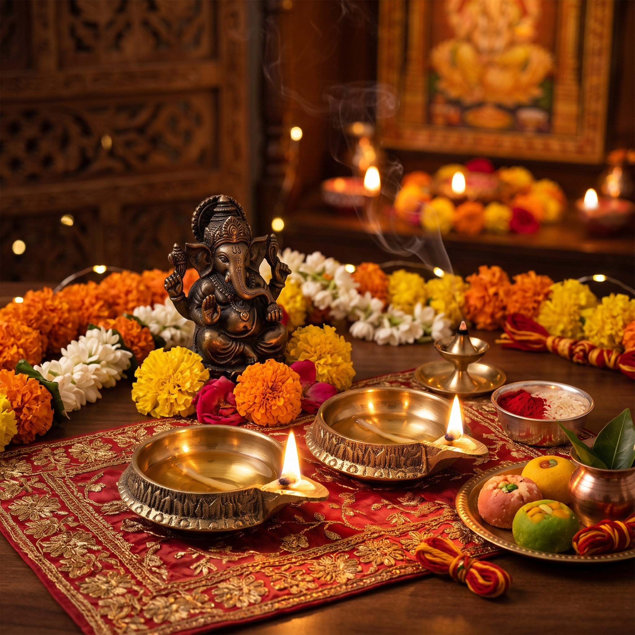 Lit brass Kuber Diyas for Diwali Lakshmi Kubera puja with Ganesha and marigolds - Divine Sansar
