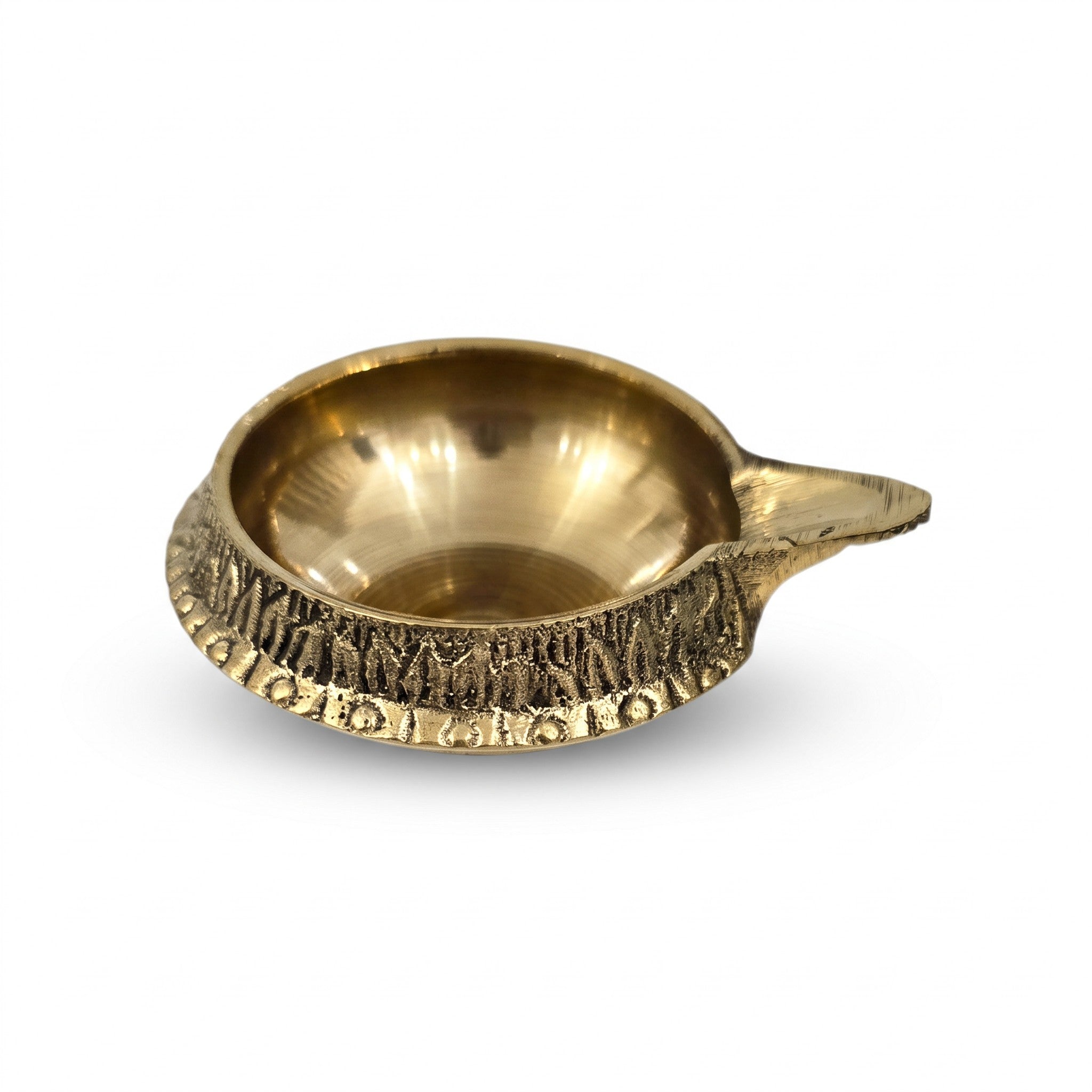 Close-up of Kuber Diya brass relief band and spout - Divine Sansar