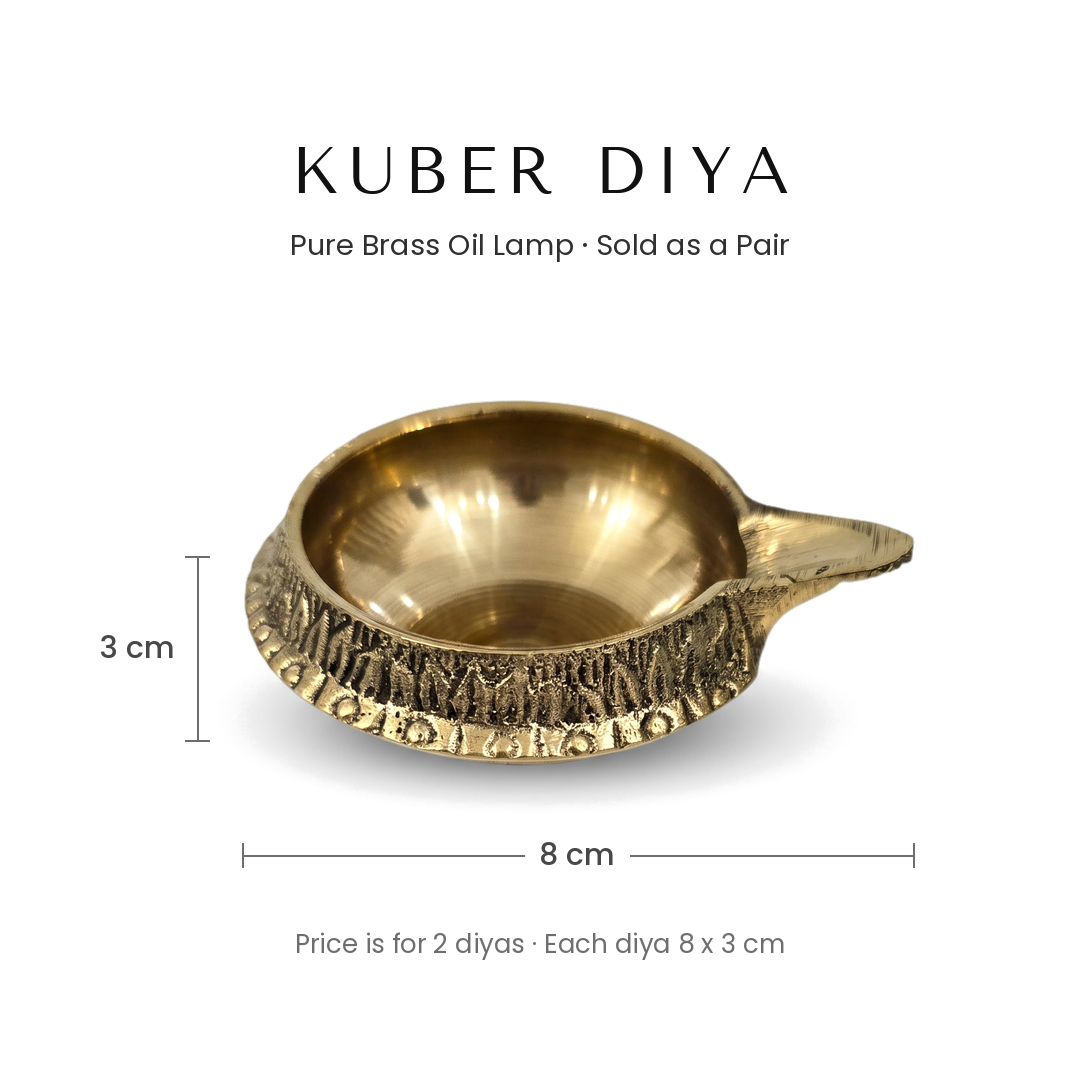 Kuber Diya size guide, 8 cm x 3 cm brass diya sold as a pair - Divine Sansar