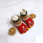 Laxmi Charan bowls holding kheel batasha and dirham coins for Lakshmi Pujan, Divine Sansar
