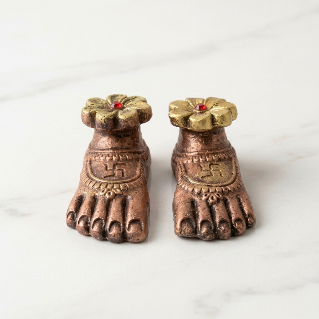 Close-up of the Laxmi Charan paduka pair with swastik, anklets and fixed gold flower - Divine Sansar