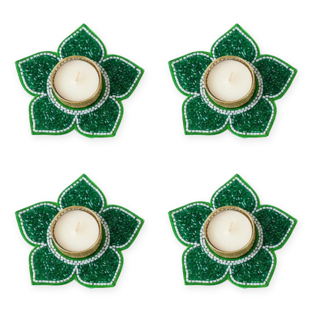 Green beaded lotus tealight holder set of 4 with tealights, Diwali diya decor - Divine Sansar