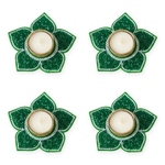 Green beaded lotus tealight holder set of 4 with tealights, Diwali diya decor - Divine Sansar