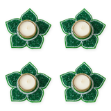 Green beaded lotus tealight holder set of 4 with tealights, Diwali diya decor - Divine Sansar