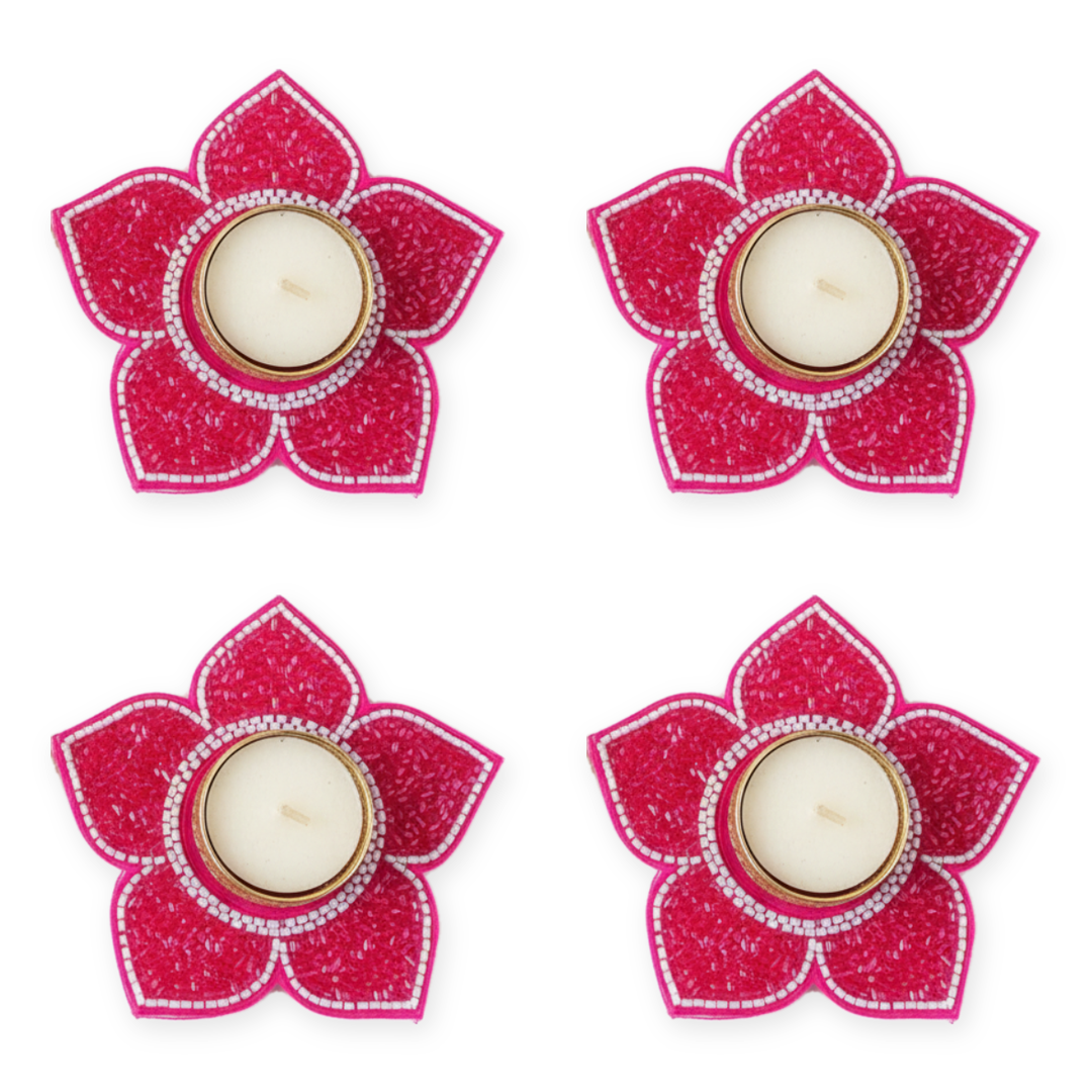 Pink beaded lotus tealight holder set of 4 with tealights, Diwali diya decor - Divine Sansar