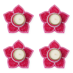 Pink beaded lotus tealight holder set of 4 with tealights, Diwali diya decor - Divine Sansar
