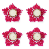 Pink beaded lotus tealight holder set of 4 with tealights, Diwali diya decor - Divine Sansar