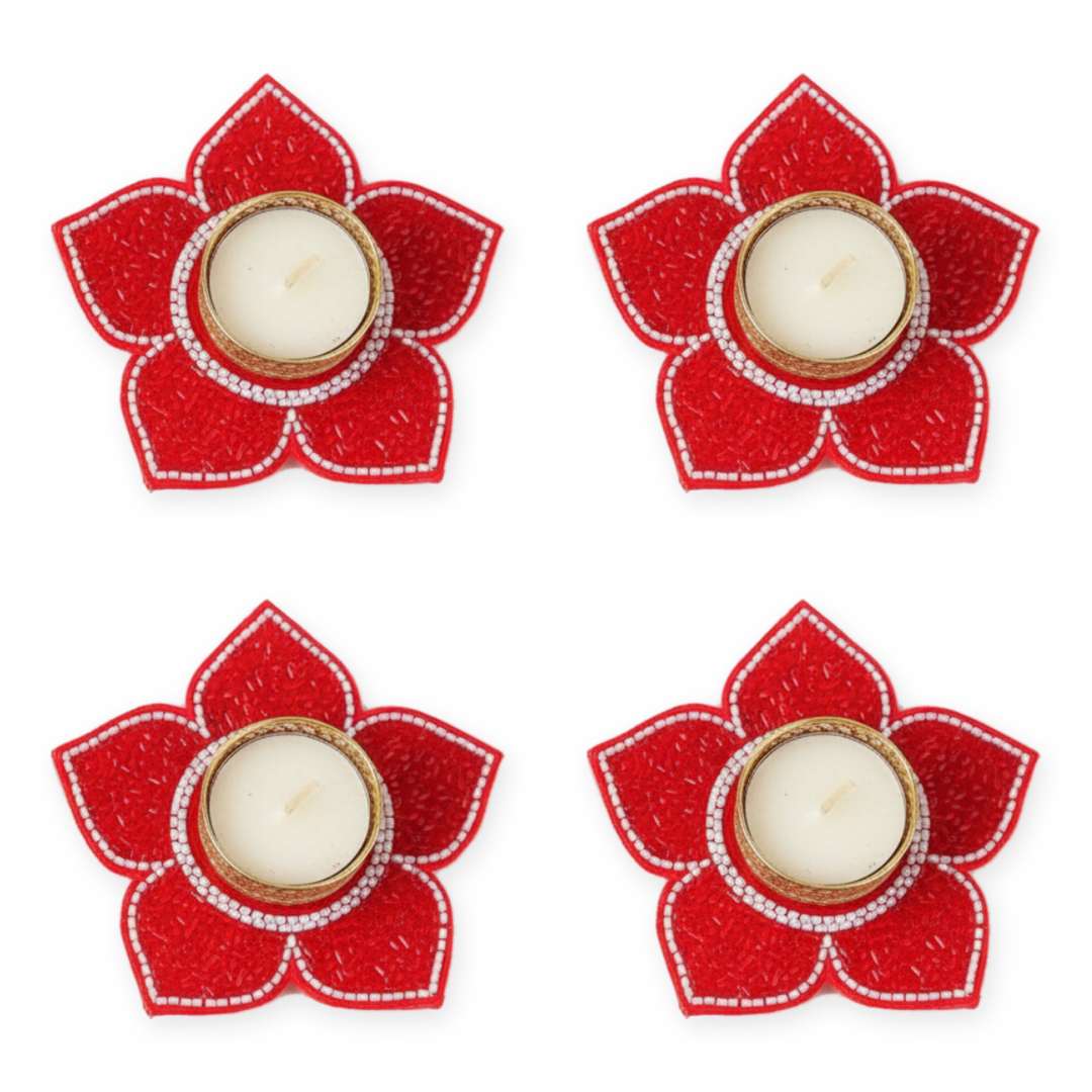 Red beaded lotus tealight holder set of 4 with tealights, Diwali diya decor - Divine Sansar