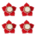 Red beaded lotus tealight holder set of 4 with tealights, Diwali diya decor - Divine Sansar