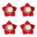 Red beaded lotus tealight holder set of 4 with tealights, Diwali diya decor - Divine Sansar
