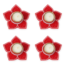 Red beaded lotus tealight holder set of 4 with tealights, Diwali diya decor - Divine Sansar