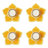 Yellow beaded lotus tealight holder set of 4 with tealights, Diwali diya decor - Divine Sansar