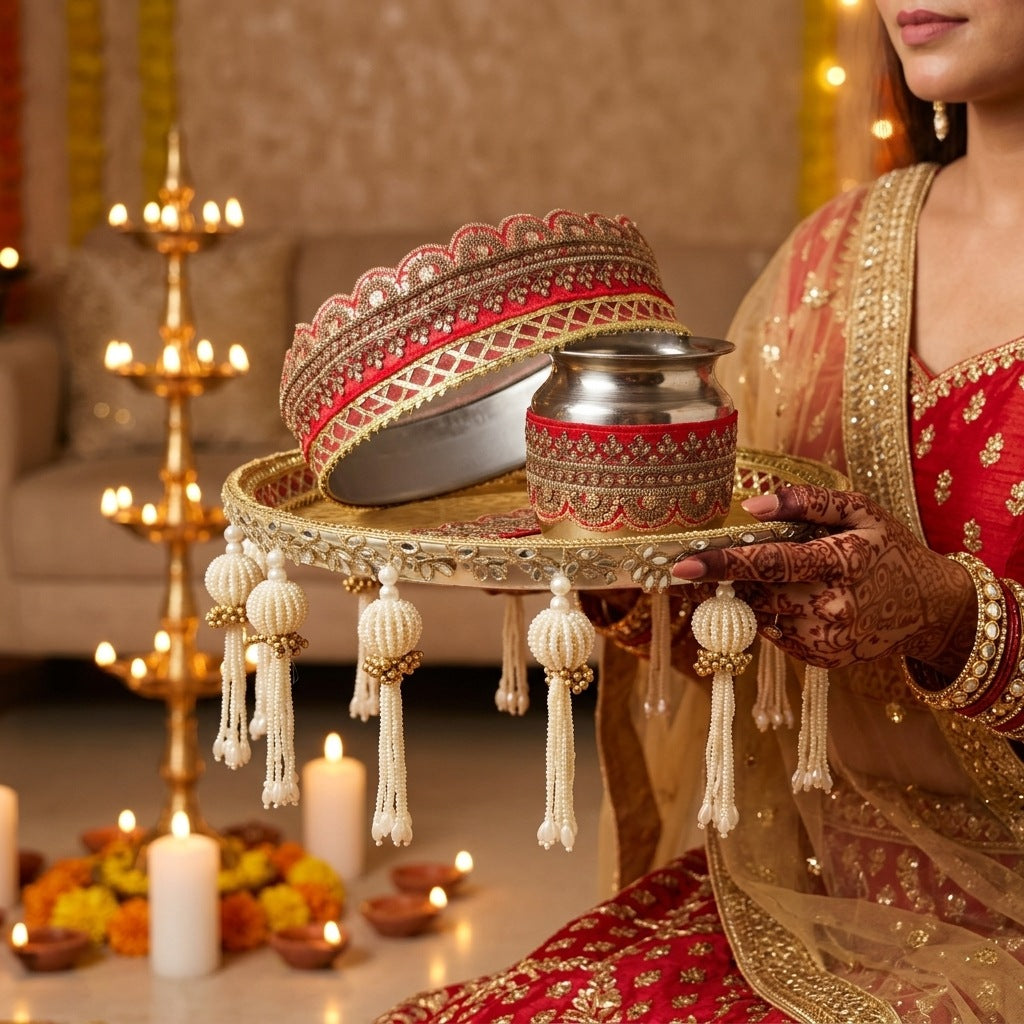 Bride with mehndi hands holding the Majestic Glow red and gold Karwa Chauth thali with chhalni and kalash - Divine Sansar