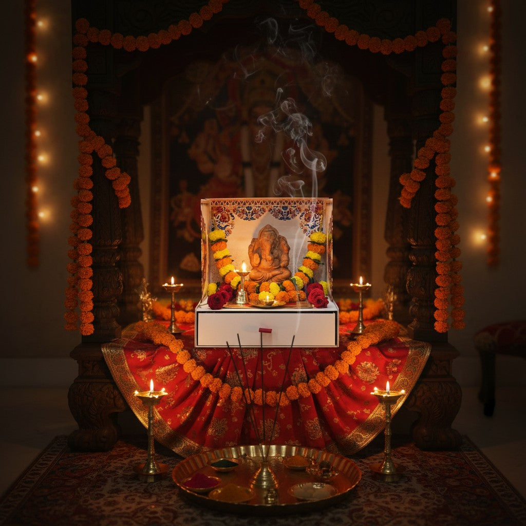 Festive mandir setup with Mangal Bhawan temple and handmade clay Ganesh idol, Divine Sansar