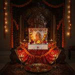 Festive mandir setup with Mangal Bhawan temple and handmade clay Ganesh idol, Divine Sansar