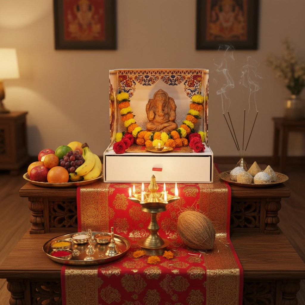 Ganesh Chaturthi home altar in Dubai with Mangal Bhawan temple and clay Ganesh idol, Divine Sansar