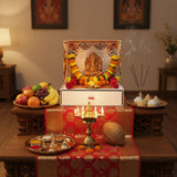 Ganesh Chaturthi home altar in Dubai with Mangal Bhawan temple and clay Ganesh idol, Divine Sansar
