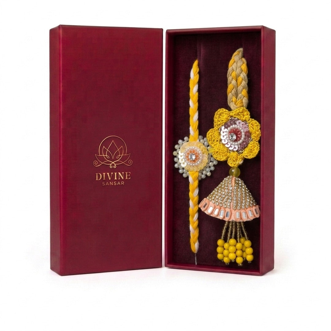 Marigold jhumka bhaiya bhabhi rakhi and lumba set in maroon gift box - Divine Sansar