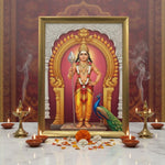 Murugan A4 wooden photo frame on a pooja setup with diyas and marigold - Divine Sansar