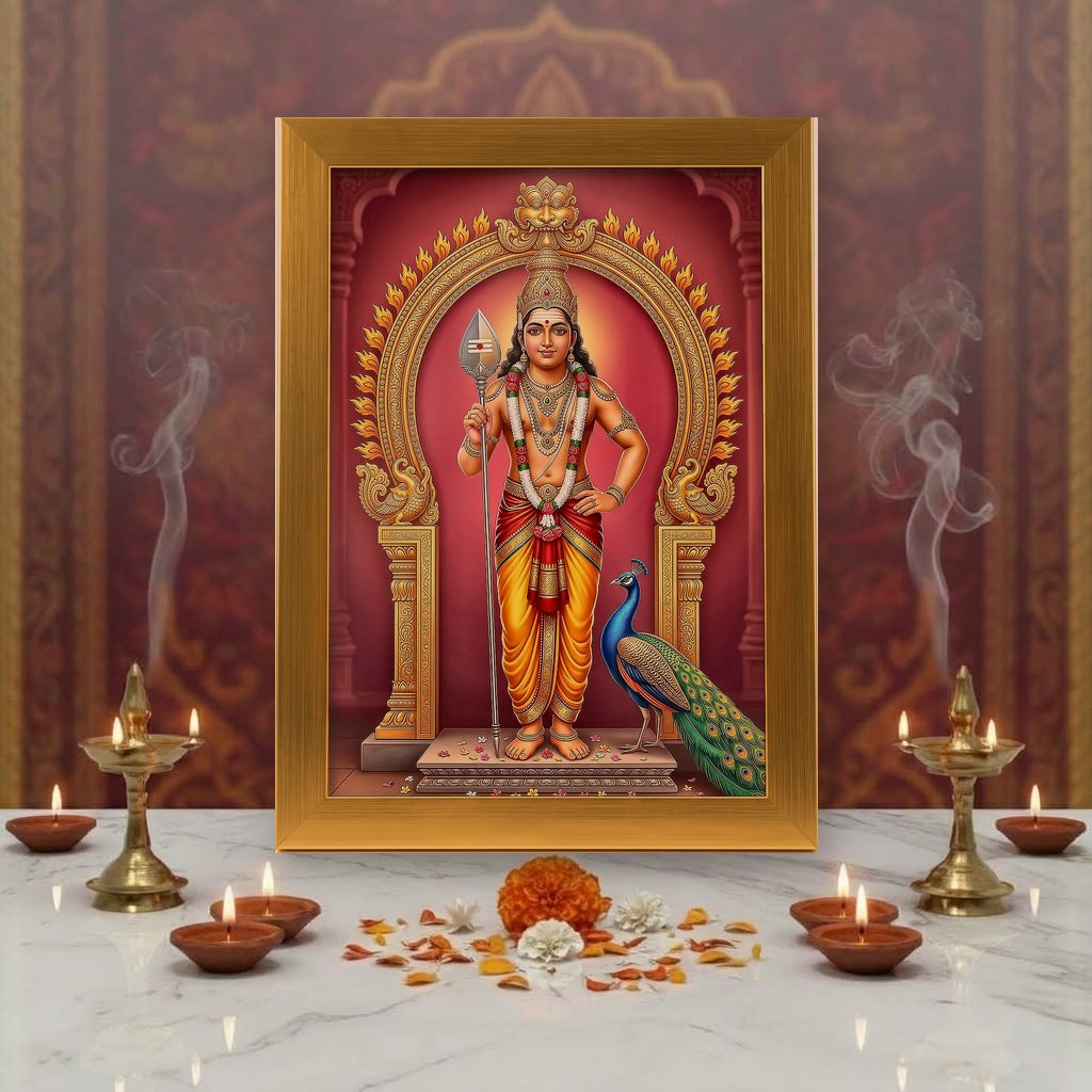 Murugan gold acrylic photo frame on a home mandir pooja setup with diyas and flowers - Divine Sansar