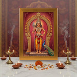 Murugan gold acrylic photo frame on a home mandir pooja setup with diyas and flowers - Divine Sansar
