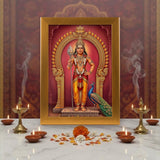 Murugan gold acrylic photo frame on a home mandir pooja setup with diyas and flowers - Divine Sansar