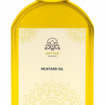 Divine Sansar Bottle of mustard oil with a decorative label on a white background