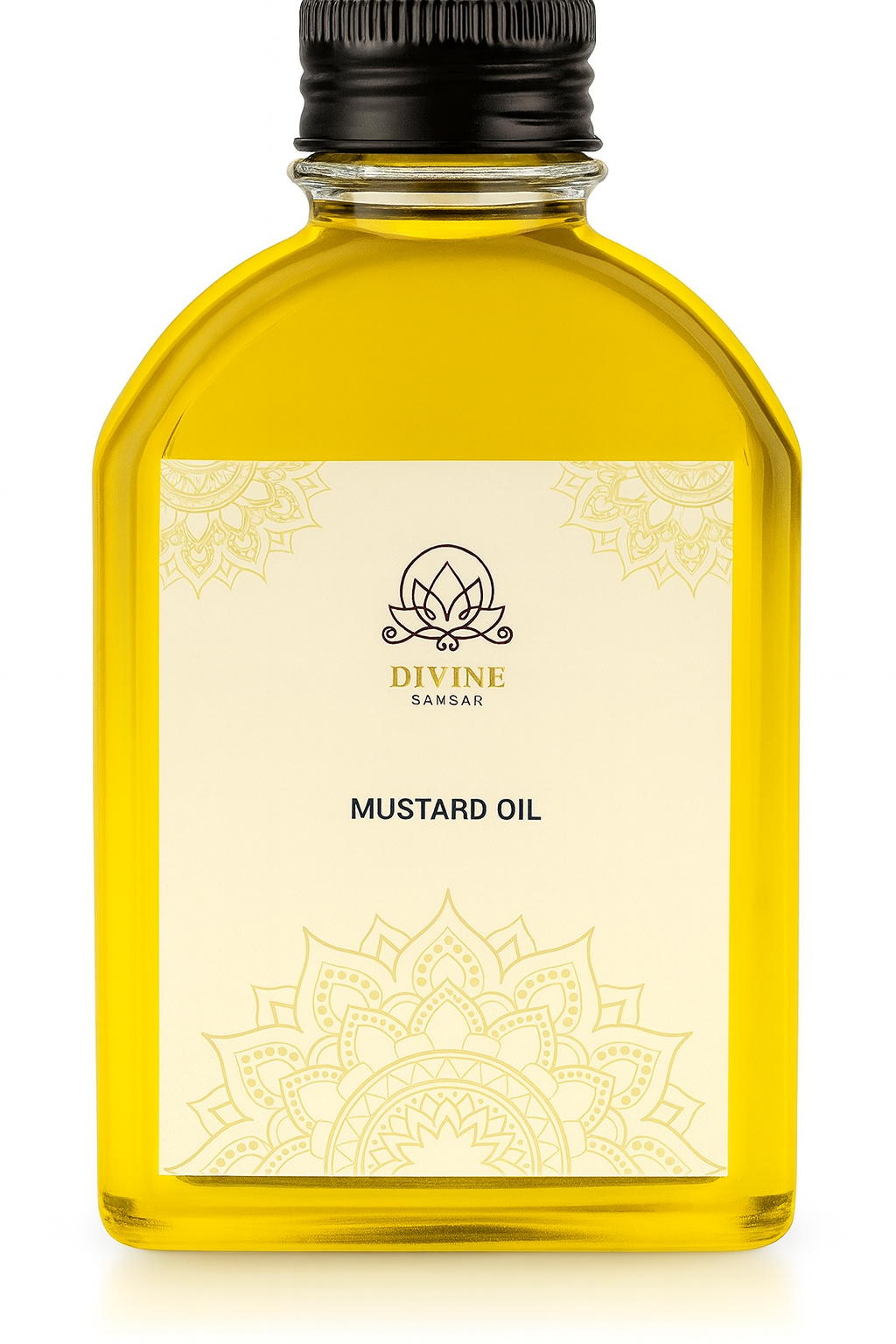 Divine Sansar Bottle of mustard oil with a decorative label on a white background