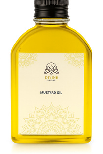 Divine Sansar Bottle of mustard oil with a decorative label on a white background